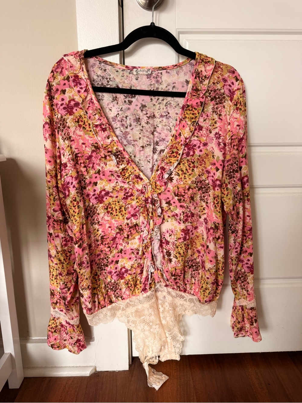 Free People Pink Floral Lace-Trim Button Front Top